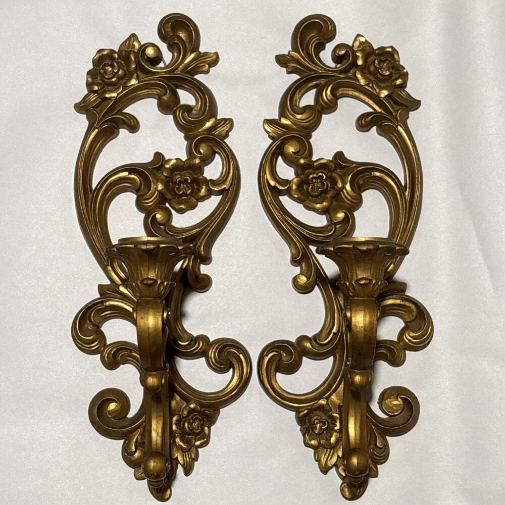 Homco Gold Ornate Floral Wall Candle Sconces - Pair